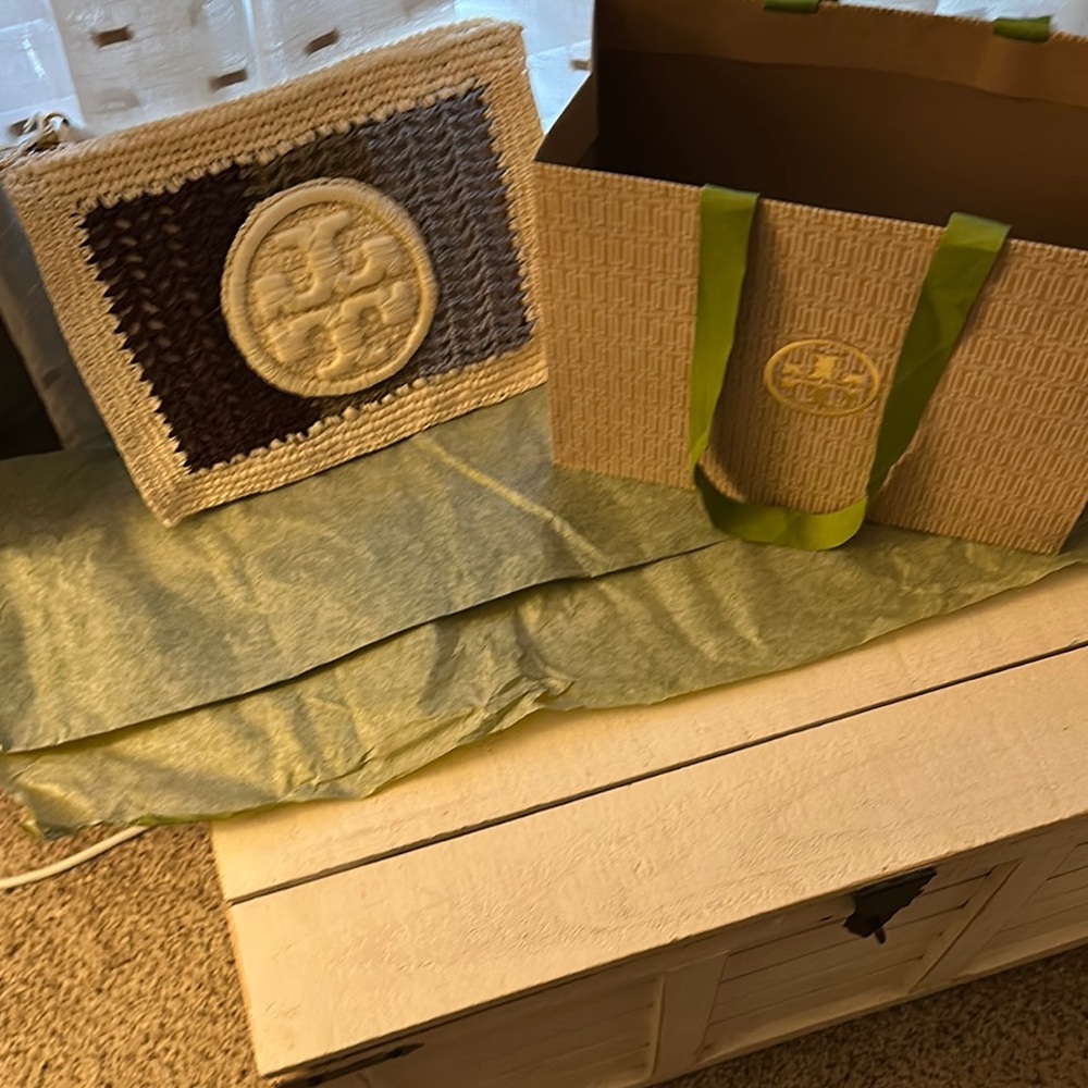 Tory Burch Beige and Green blue Woven clutch or wristlet sold out everywhere